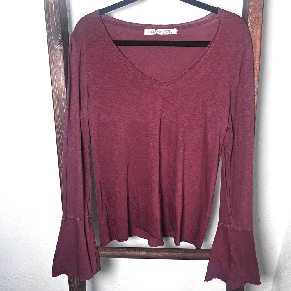 Michael Stars Burgundy Supima Cotton V-Neck Bell Sleeve Top Style 8913 OS